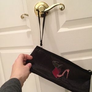 Nicole Miller small wristlet black shimmer fabric w/embroidered shoe